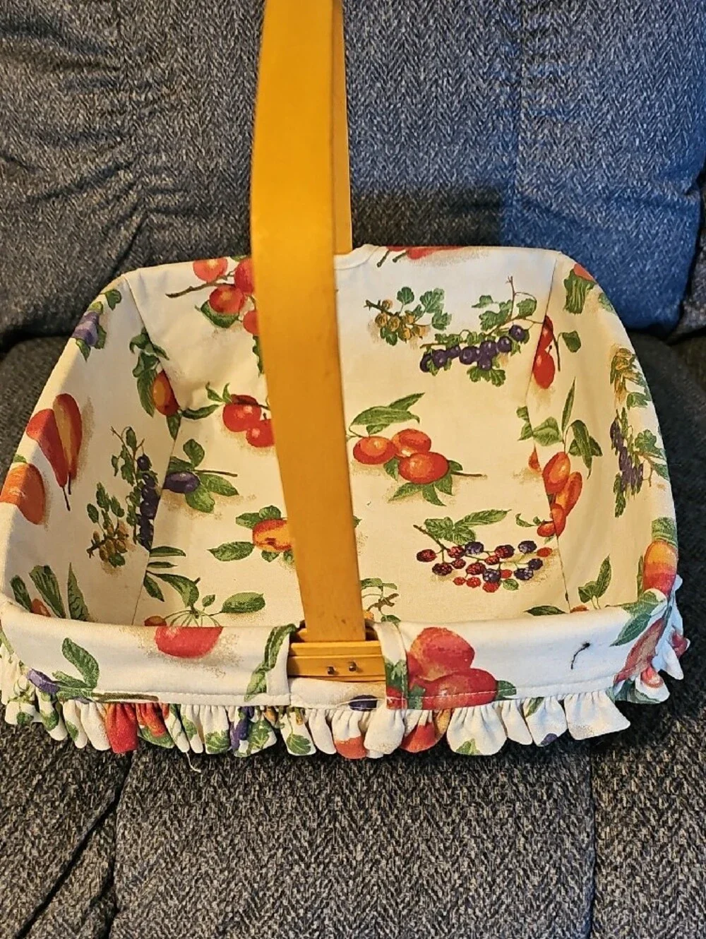 Longaberger Fruit-Print Wicker Basket with Cream Liner and Yellow Handle